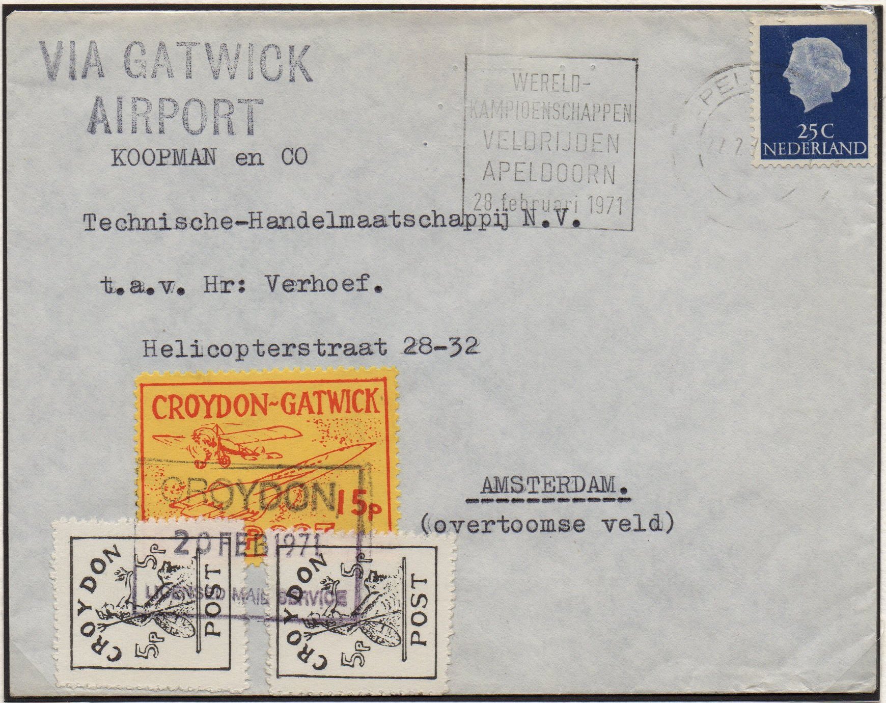 1971 Croydon Gatwick Strike Post cover with multiple CGP franking, Feb 20th 1971